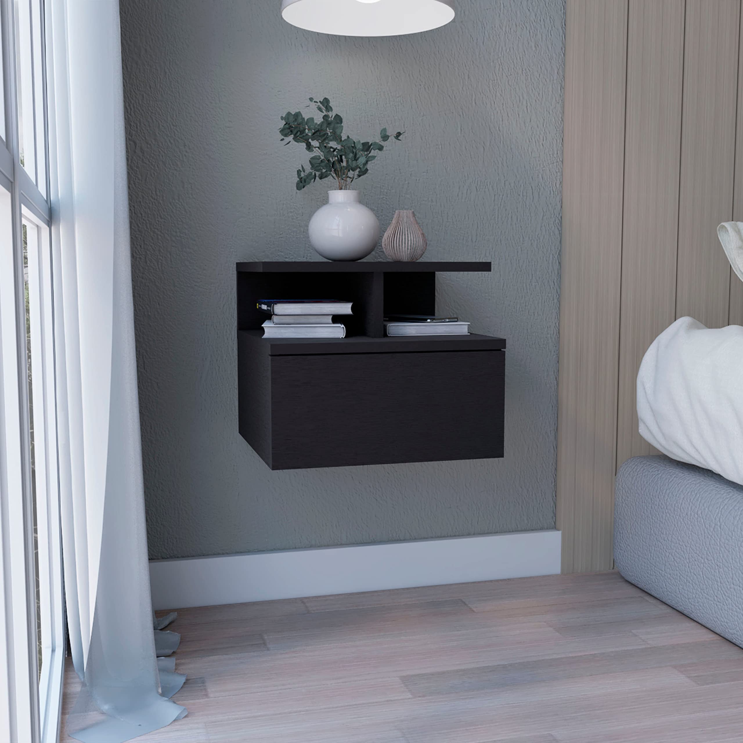 Depot E-Shop Floating Nightstand, Wall Mounted, Single Drawer, 2-Tier Shelf, Black, 12&Quot; H X 14.01&Quot; W X 13.22&Quot; D